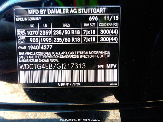 2016 Mercedes-Benz GLA-Class, VIN: WDCTG4EB7GJ217313