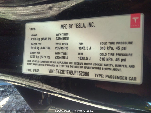 Tesla MODEL 3 2018 5YJ3E1EA9JF152366 Image 9
