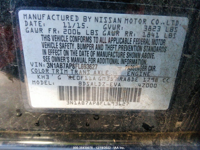 2015 NISSAN SENTRA SV VIN: 3N1AB7AP8FL693627