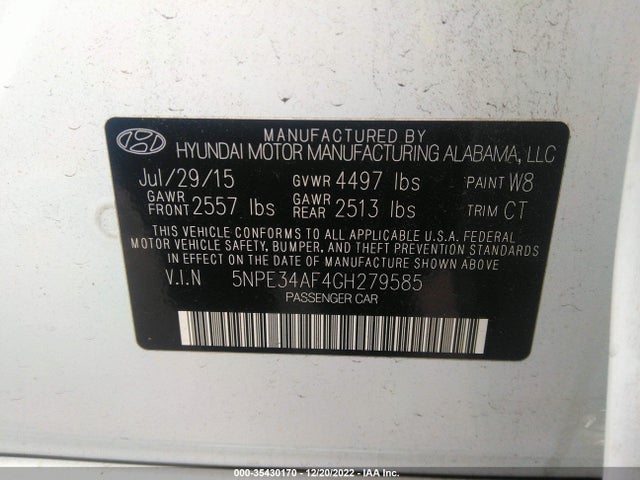 2016 HYUNDAI SONATA 2.4L SPORT VIN: 5NPE34AF4GH279585