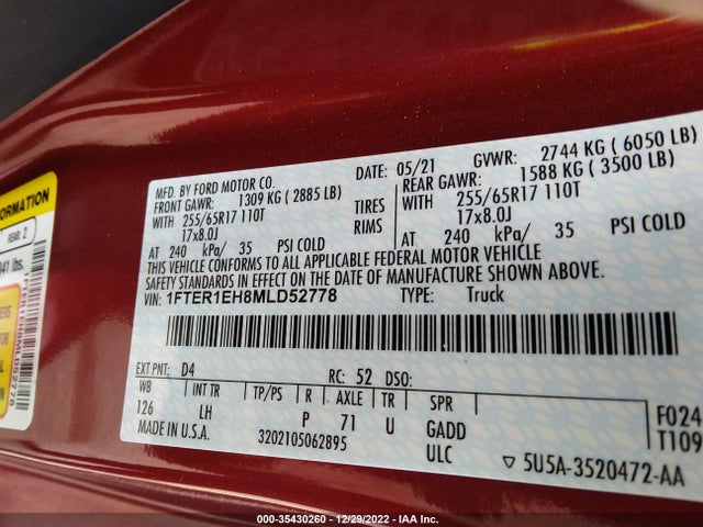 2021 Ford Ranger, VIN: 1FTER1EH8MLD52778