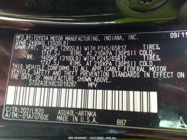 2012 TOYOTA HIGHLANDER VIN: 5TDZA3EHXCS019287