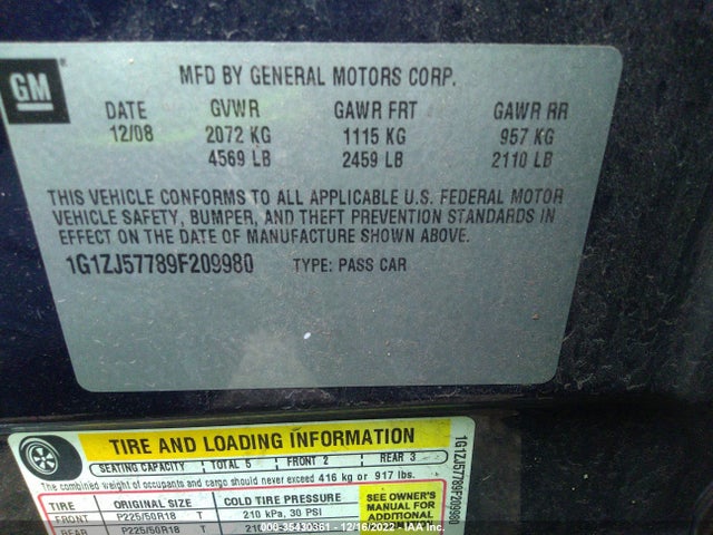 2009 CHEVROLET MALIBU LT W/2LT VIN: 1G1ZJ57789F209980
