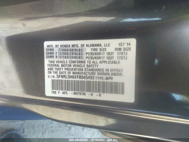 Aukcja sprzedaży 2015 Honda Odyssey Ex-l, vin: 5FNRL5H6XFB045493, numer aukcji: 35430364