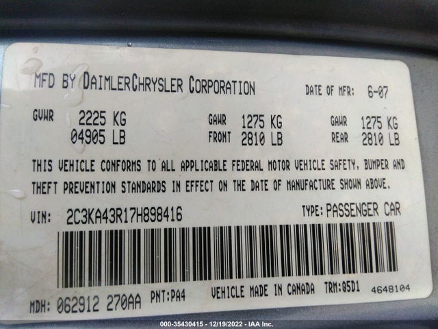 2007 CHRYSLER 300 VIN: 2C3KA43R17H898416