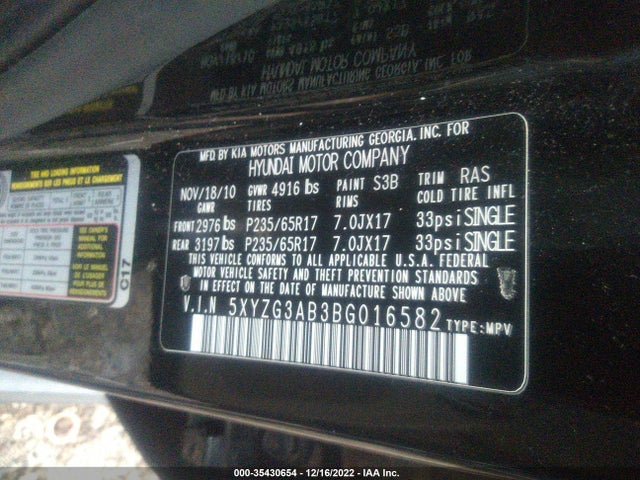 2011 HYUNDAI SANTA FE GLS VIN: 5XYZG3AB3BG016582