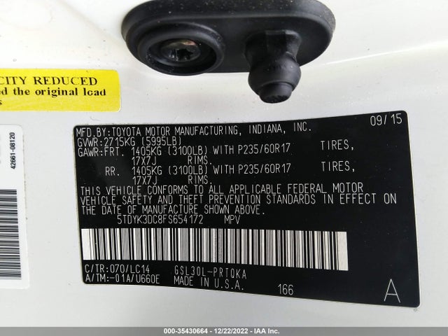 2015 TOYOTA SIENNA XLE/XLE AAS/LTD VIN: 5TDYK3DC8FS654172