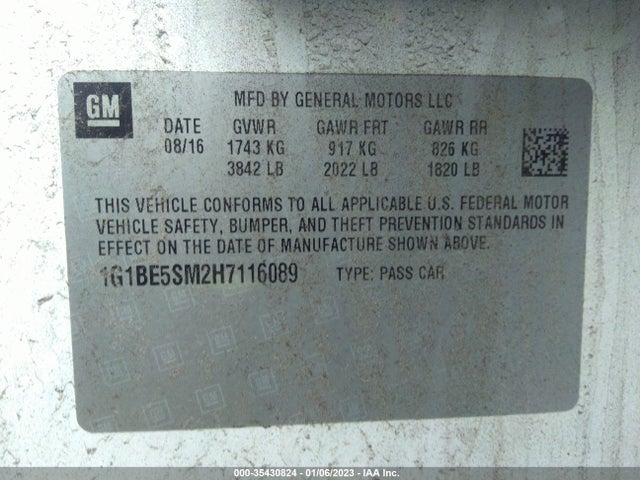 Chevrolet CRUZE LT 2017 1G1BE5SM2H7116089 Image 9