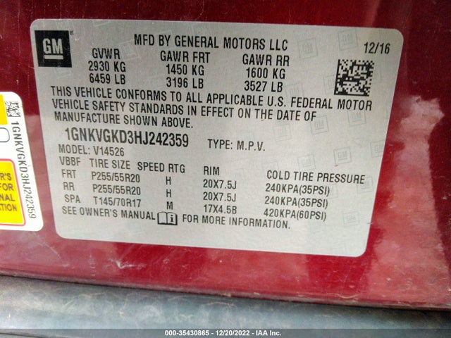 Chevrolet Traverse Lt 2017 1GNKVGKD3HJ242359 Image 10