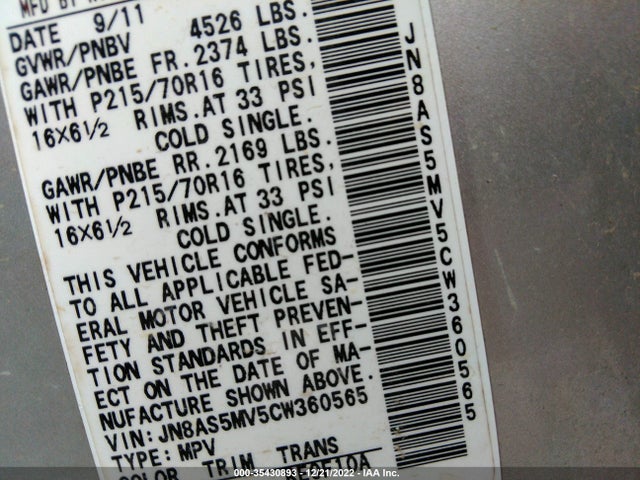 2012 NISSAN ROGUE S VIN: JN8AS5MV5CW360565