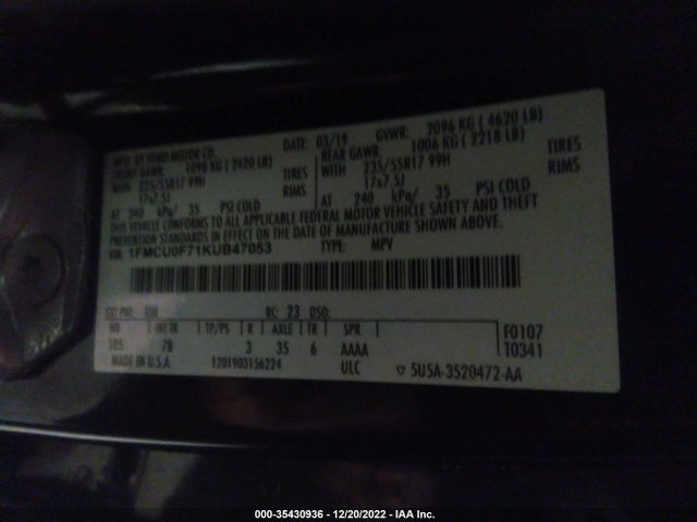 2019 FORD ESCAPE S VIN: 1FMCU0F71KUB47053