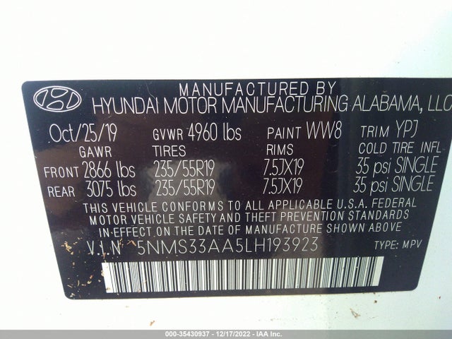 Hyundai Santa Fe 2020 5NMS33AA5LH193923 Image 10