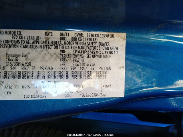 2012 FORD FOCUS SEL VIN: 1FAHP3M2XCL176011