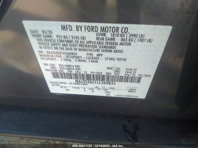 2020 FORD ECOSPORT S VIN: MAJ3S2GE1LC369835