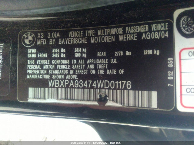 2004 BMW X3 3.0I VIN: WBXPA93474WD01176