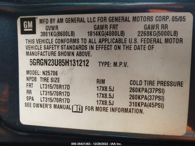 Hummer H2 Suv 2005 5GRGN23U85H131212 Image 10