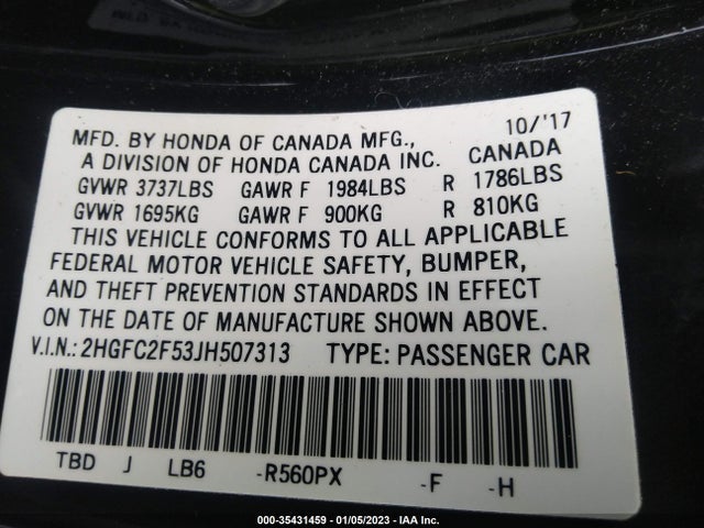 2018 HONDA CIVIC SEDAN LX VIN: 2HGFC2F53JH507313