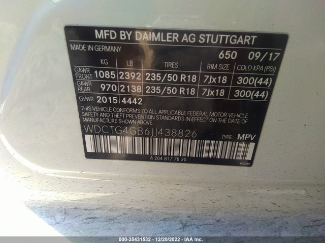 2018 Mercedes-Benz GLA-Class, VIN: WDCTG4GB6JJ438826
