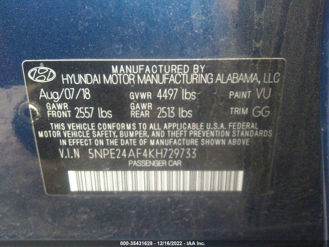 2019 Hyundai Sonata, VIN: 5NPE24AF4KH729733