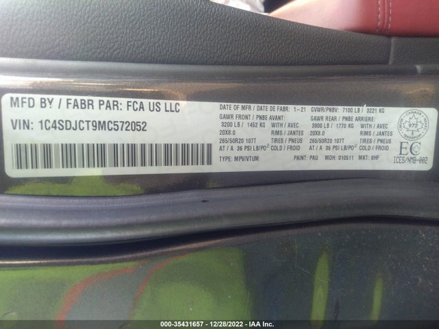 2021 Dodge Durango, VIN: 1C4SDJCT9MC572052