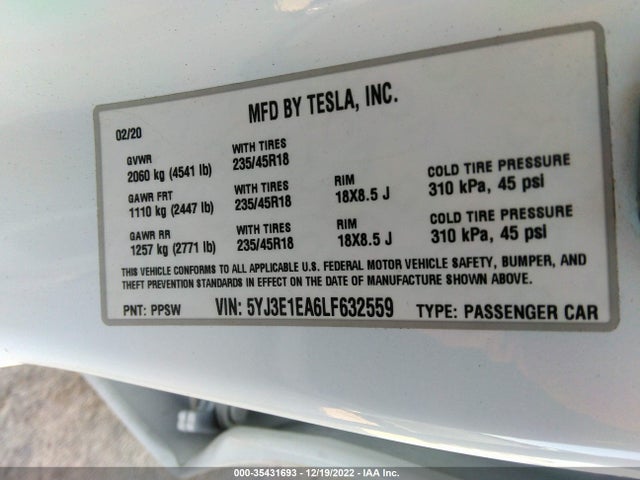 Tesla Model 3 Standard Range 2020 5YJ3E1EA6LF632559 Image 10