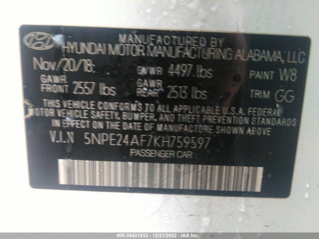 2019 Hyundai Sonata, VIN: 5NPE24AF7KH759597