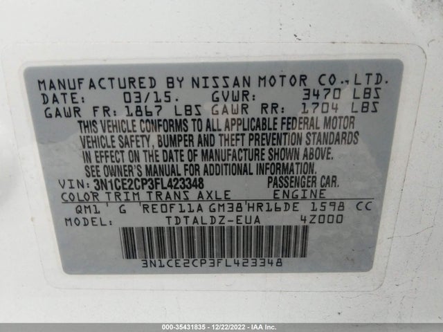 2015 NISSAN VERSA NOTE SV VIN: 3N1CE2CP3FL423348