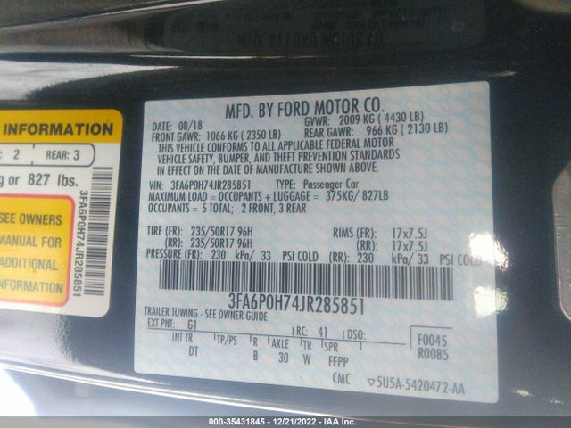 Ford FUSION SE 2018 3FA6P0H74JR285851 Image 9