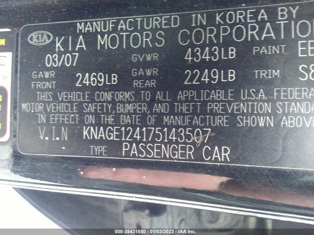 2007 KIA OPTIMA EX VIN: KNAGE124175143507