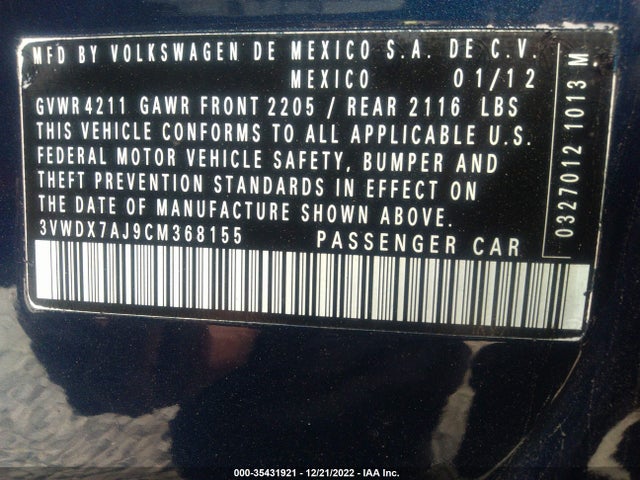 Volkswagen JETTA SEDAN 2012 3VWDX7AJ9CM368155 Image 10