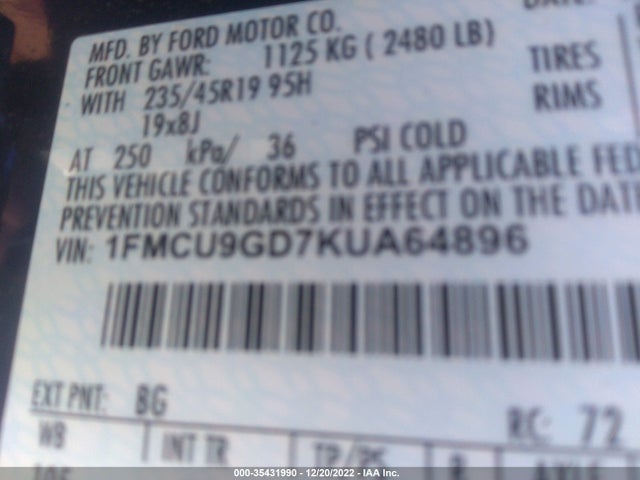 2019 Ford Escape, VIN: 1FMCU9GD7KUA64896