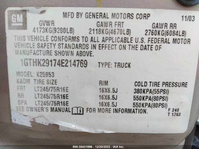 2004 GMC SIERRA 2500HD SLE VIN: 1GTHK29174E214769