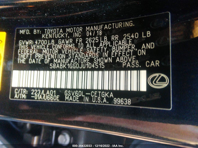 2018 Lexus ES, VIN: 58ABK1GG0JU104515