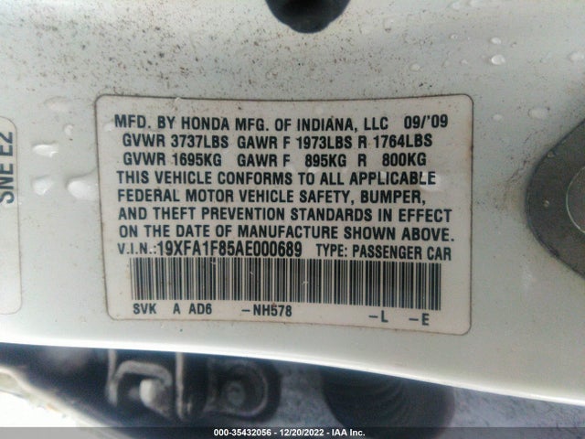 2010 HONDA CIVIC SDN EX VIN: 19XFA1F85AE000689