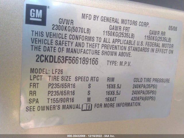 2006 PONTIAC TORRENT VIN: 2CKDL63F566189166