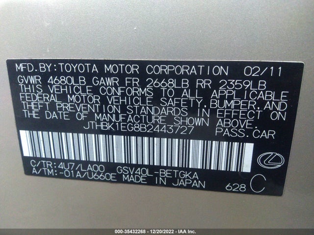 JTHBK1EG8B2443727 Lexus ES 350