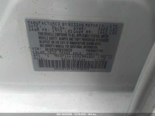 2016 NISSAN SENTRA S VIN: 3N1AB7AP9GY298229