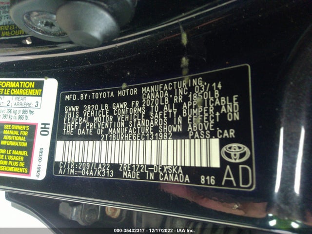 2014 TOYOTA COROLLA L/LE/S/S PLUS/LE PLUS VIN: 2T1BURHE6EC131982
