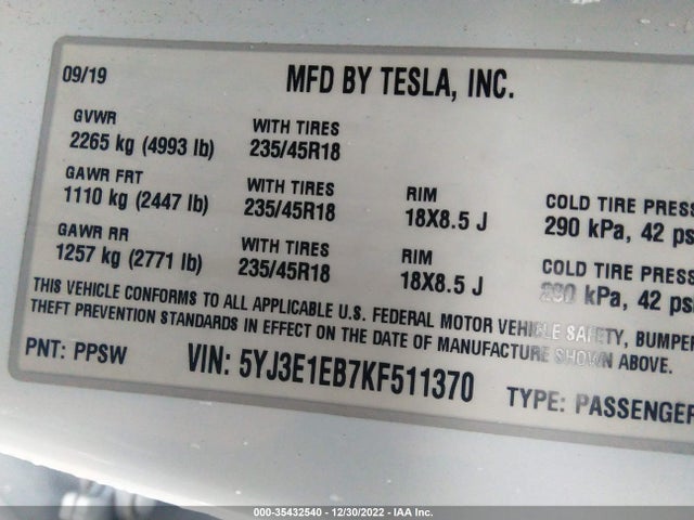 Tesla Model 3 Long Range/performance 2019 5YJ3E1EB7KF511370 Image 11