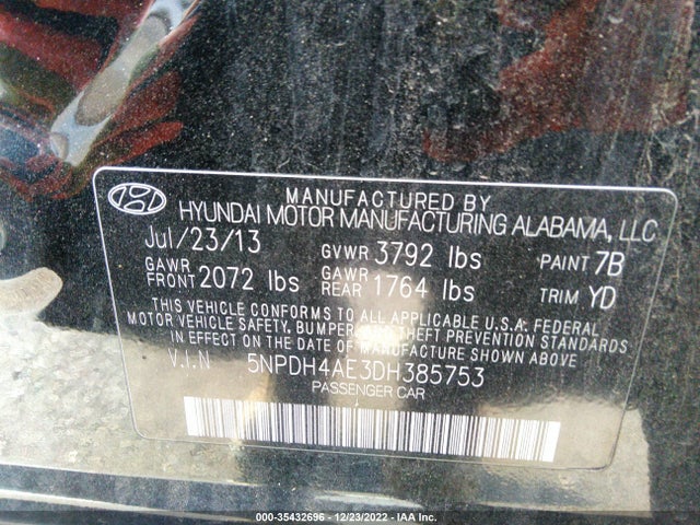 2013 HYUNDAI ELANTRA GLS VIN: 5NPDH4AE3DH385753