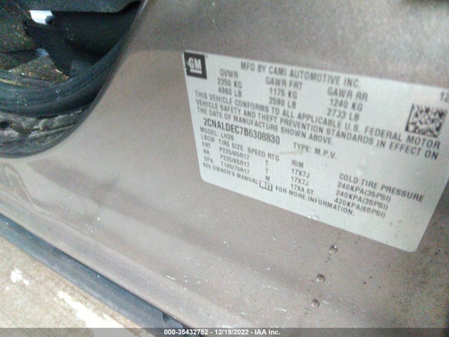 2011 CHEVROLET EQUINOX LT W/1LT VIN: 2CNALDEC7B6308830