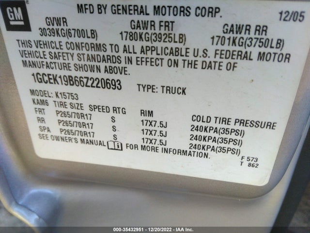 2006 CHEVROLET SILVERADO 1500 LT2 VIN: 1GCEK19B66Z220693