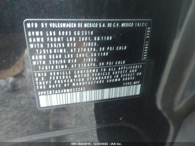 2022 Volkswagen Tiguan, VIN: 3VV2B7AX4NM022242