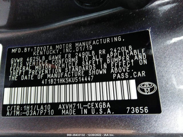 2019 Toyota Camry, VIN: 4T1B21HK5KU514447