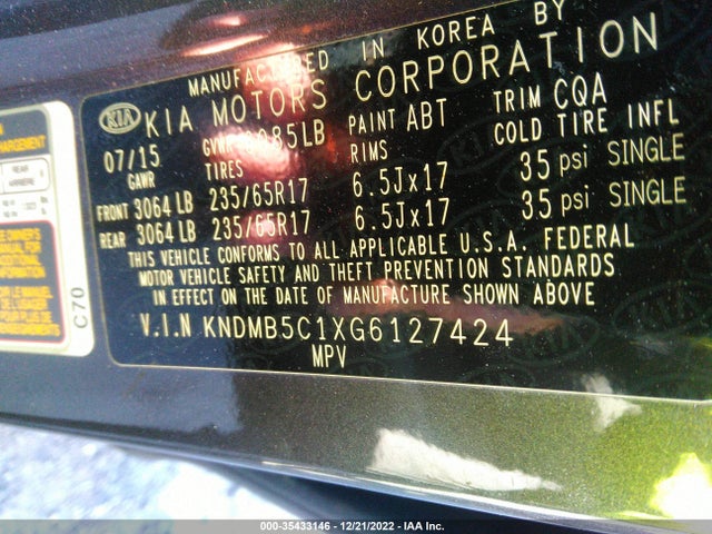 2016 Kia Sedona, VIN: KNDMB5C1XG6127424