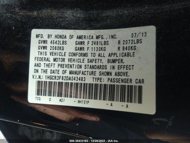 2013 HONDA ACCORD SDN EX-L VIN: 1HGCR3F82DA043483