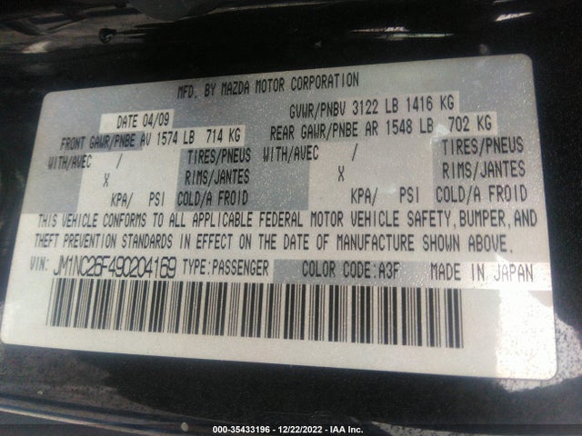 2009 MAZDA MX-5 MIATA GRAND TOURING VIN: JM1NC26F490204169