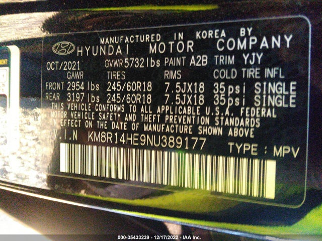 2022 Hyundai Palisade, VIN: KM8R14HE9NU389177