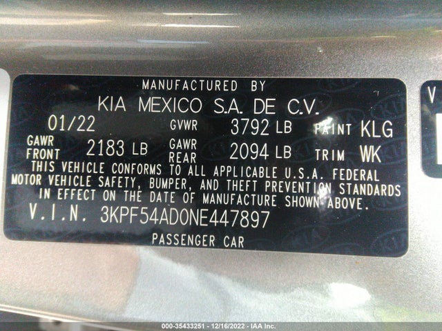 2022 KIA FORTE GT LINE VIN: 3KPF54AD0NE447897