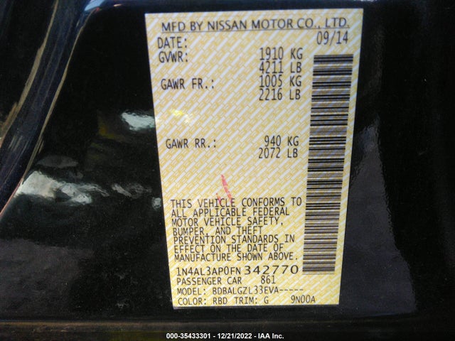 2015 NISSAN ALTIMA 2.5 VIN: 1N4AL3AP0FN342770